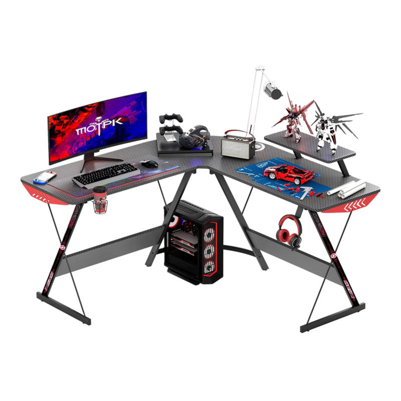 GAMEON L-Shaped Slayer I Series Gaming Desk (Size: 129*129*74cm & Table top 80*46cm) With Headset Hook, Cup Holder & Accessories Stand - Black