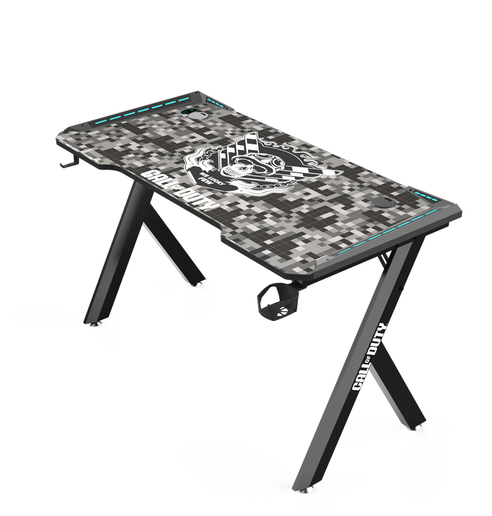 Call Of Duty (COD) x  GAMEON Hawksbill Series RGB Flowing Light Gaming Desk (Size: 1200-600-720mm) With (800*300*3mm - Mouse pad), Headphone Hook & Cup Holder - Black/Grey