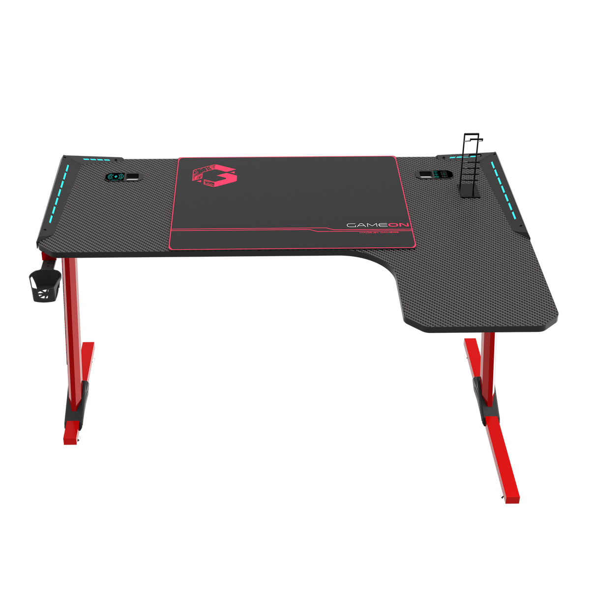 GAMEON Phantom XL-R Series L-Shaped RGB Flowing Light Gaming Desk With Mouse pad, Headphone Hook, Cup Holder, Cable Management, Gamepad Holder, Qi Wireless Charger & USB Hub - Black