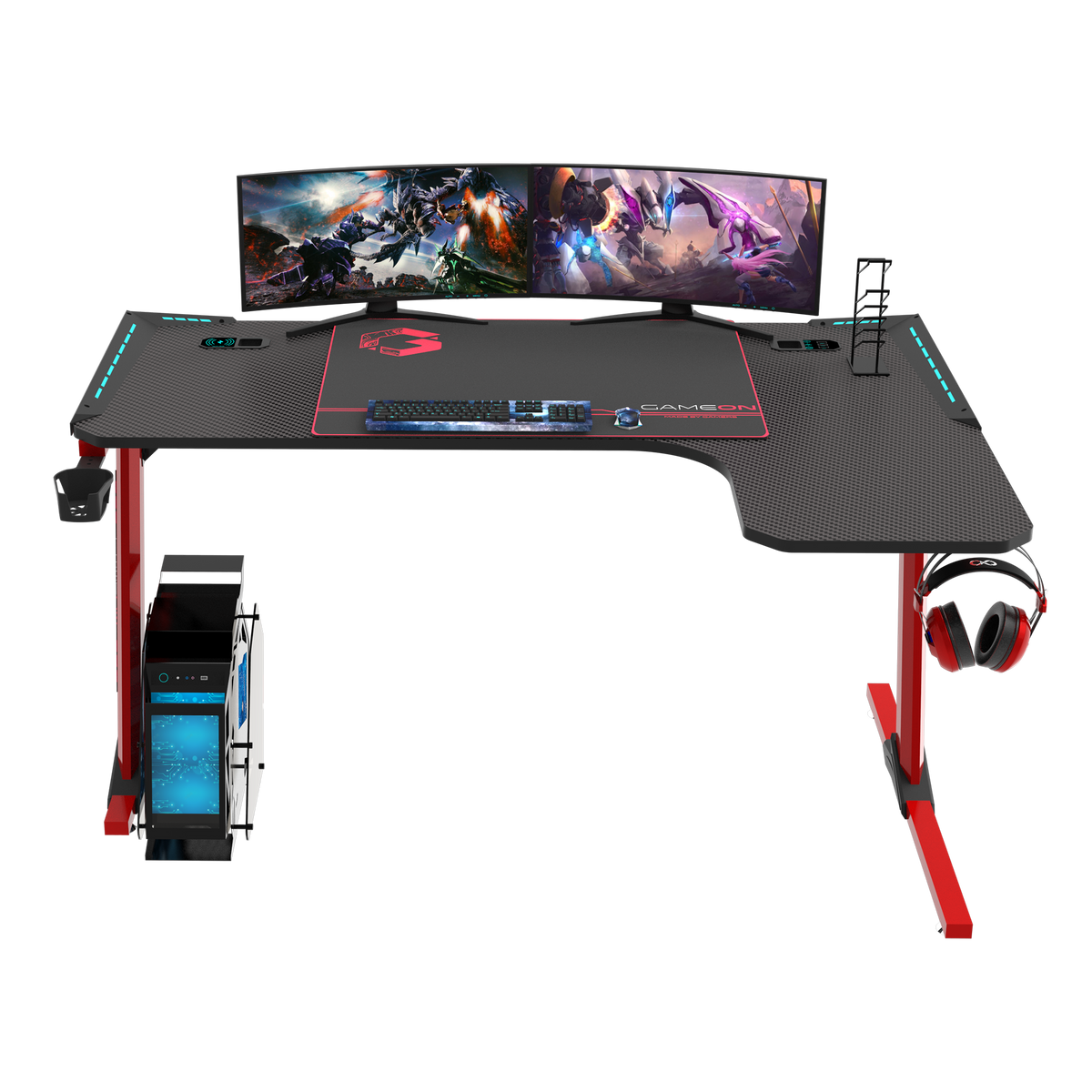 GAMEON Phantom XL-R Series L-Shaped RGB Flowing Light Gaming Desk With Mouse pad, Headphone Hook, Cup Holder, Cable Management, Gamepad Holder, Qi Wireless Charger & USB Hub - Black