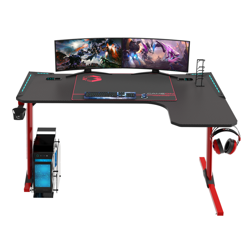 GAMEON Phantom XL-R Series L-Shaped RGB Flowing Light Gaming Desk With Mouse pad, Headphone Hook, Cup Holder, Cable Management, Gamepad Holder, Qi Wireless Charger & USB Hub - Black