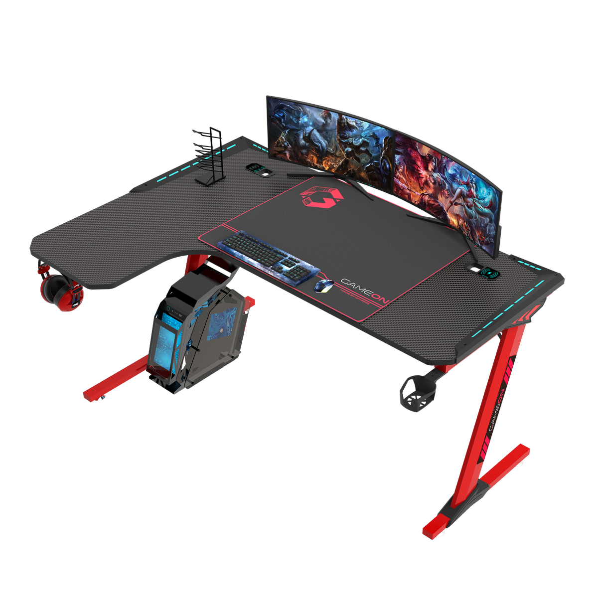 GAMEON Phantom XL-L Series L-Shaped RGB Flowing Light Gaming Desk With Mouse pad, Headphone Hook, Cup Holder, Cable Management, Gamepad Holder, Qi Wireless Charger & USB Hub - Black