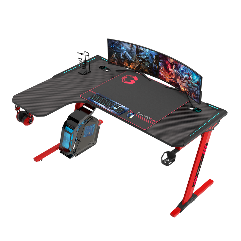 GAMEON Phantom XL-L Series L-Shaped RGB Flowing Light Gaming Desk With Mouse pad, Headphone Hook, Cup Holder, Cable Management, Gamepad Holder, Qi Wireless Charger & USB Hub - Black