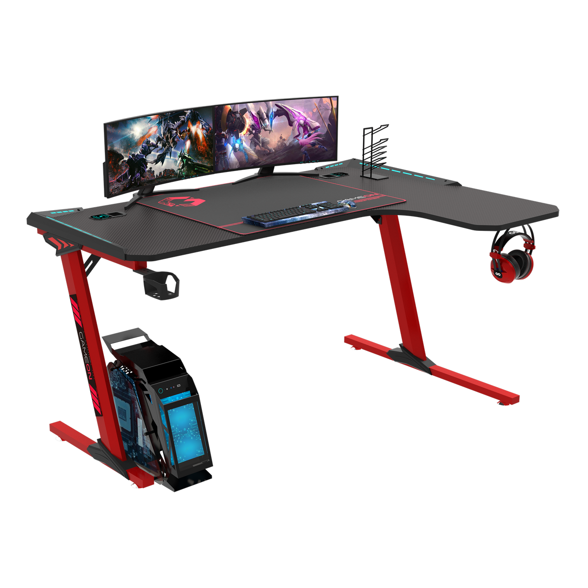 GAMEON Phantom XL-R Series L-Shaped RGB Flowing Light Gaming Desk With Mouse pad, Headphone Hook, Cup Holder, Cable Management, Gamepad Holder, Qi Wireless Charger & USB Hub - Black