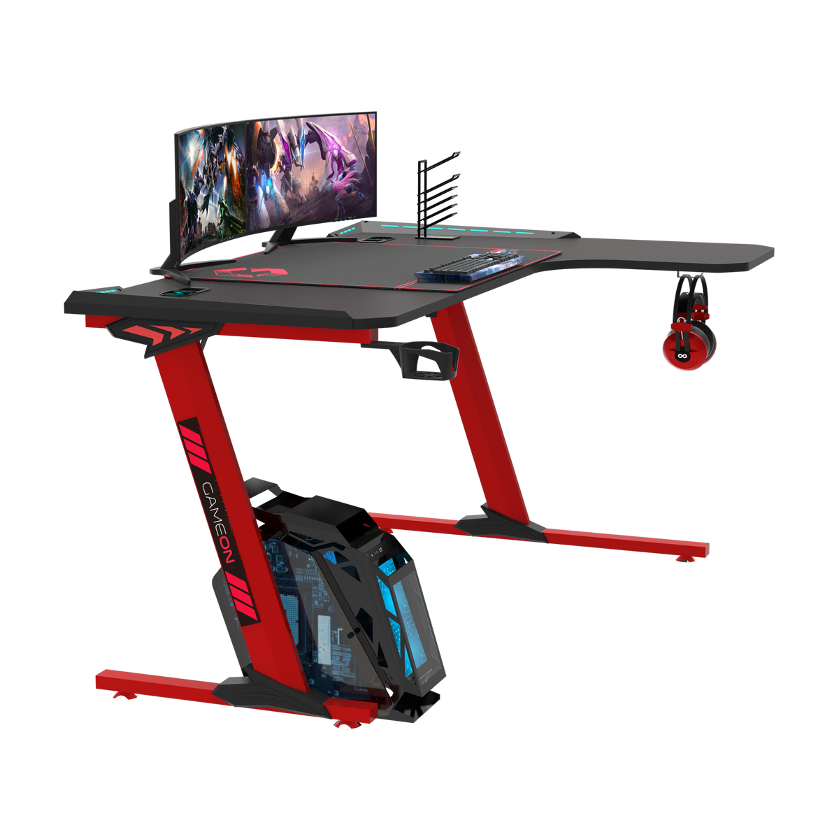 GAMEON Phantom XL-R Series L-Shaped RGB Flowing Light Gaming Desk With Mouse pad, Headphone Hook, Cup Holder, Cable Management, Gamepad Holder, Qi Wireless Charger & USB Hub - Black