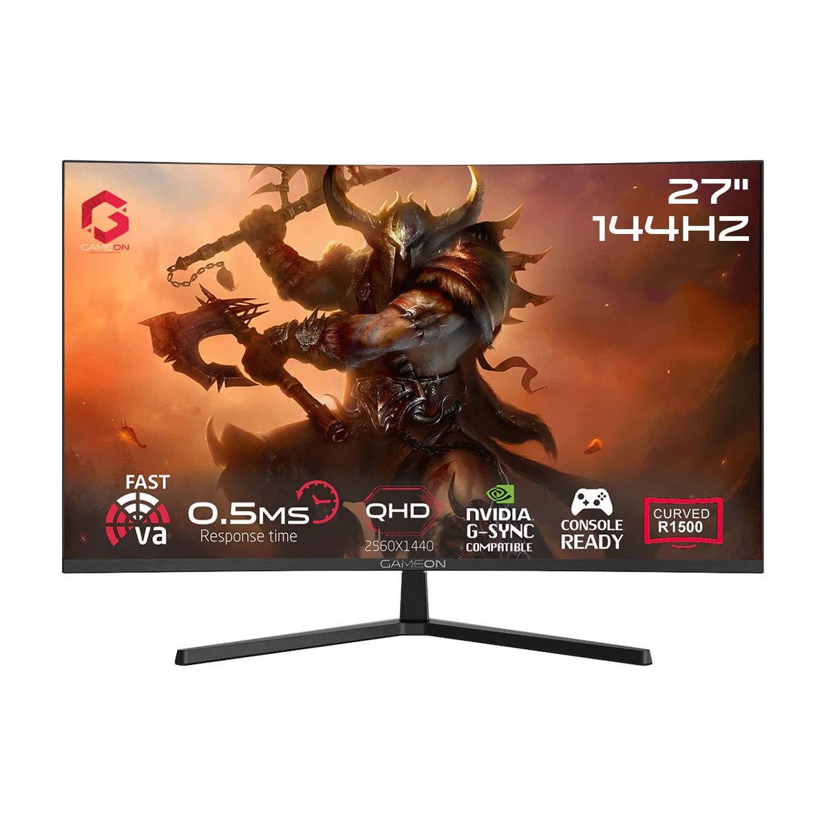 GAMEON GC27Q144VA Pro Series 27'' QHD, 144Hz, MPRT 0.5ms, HDMI 2.1, Fast VA Panel Curved Gaming Monitor 1500R, 16:9 (Supports PS5) - Black