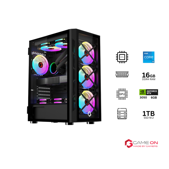 Customized Gaming PC - Intel i5 12400F Processor, 16GB RAM, 1TB SSD, RTX 3050 6GB, 650W PSU - Black