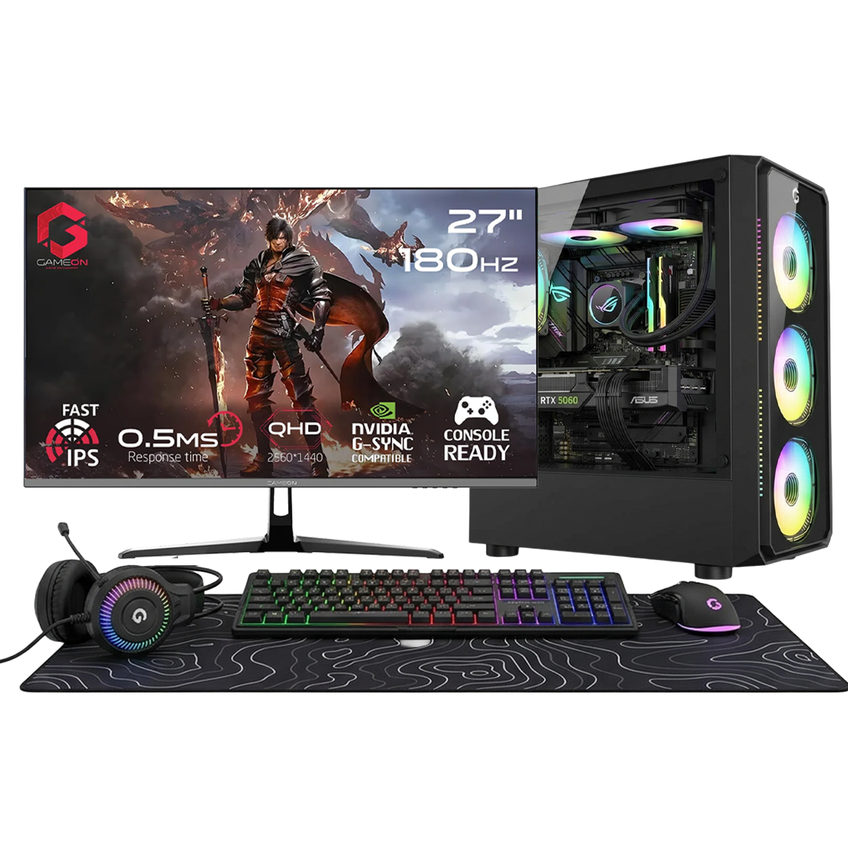 i5 12400F, 16GB RAM, 1TB SSD, RTX 5060 8GB OC, 750W PSU, 27" QHD 180Hz Monitor & All-In-One Gaming Bundle (Keyboard, Headset, Mouse & Mousepad) - Black | Gaming PC Bundle