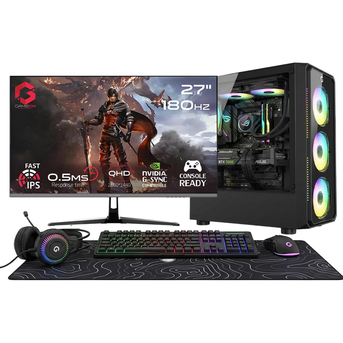 i5 12400F, 16GB RAM, 1TB SSD, RTX 5060 8GB OC, 750W PSU, 27" QHD 180Hz Monitor & All-In-One Gaming Bundle (Keyboard, Headset, Mouse & Mousepad) - Black | Gaming PC Bundle