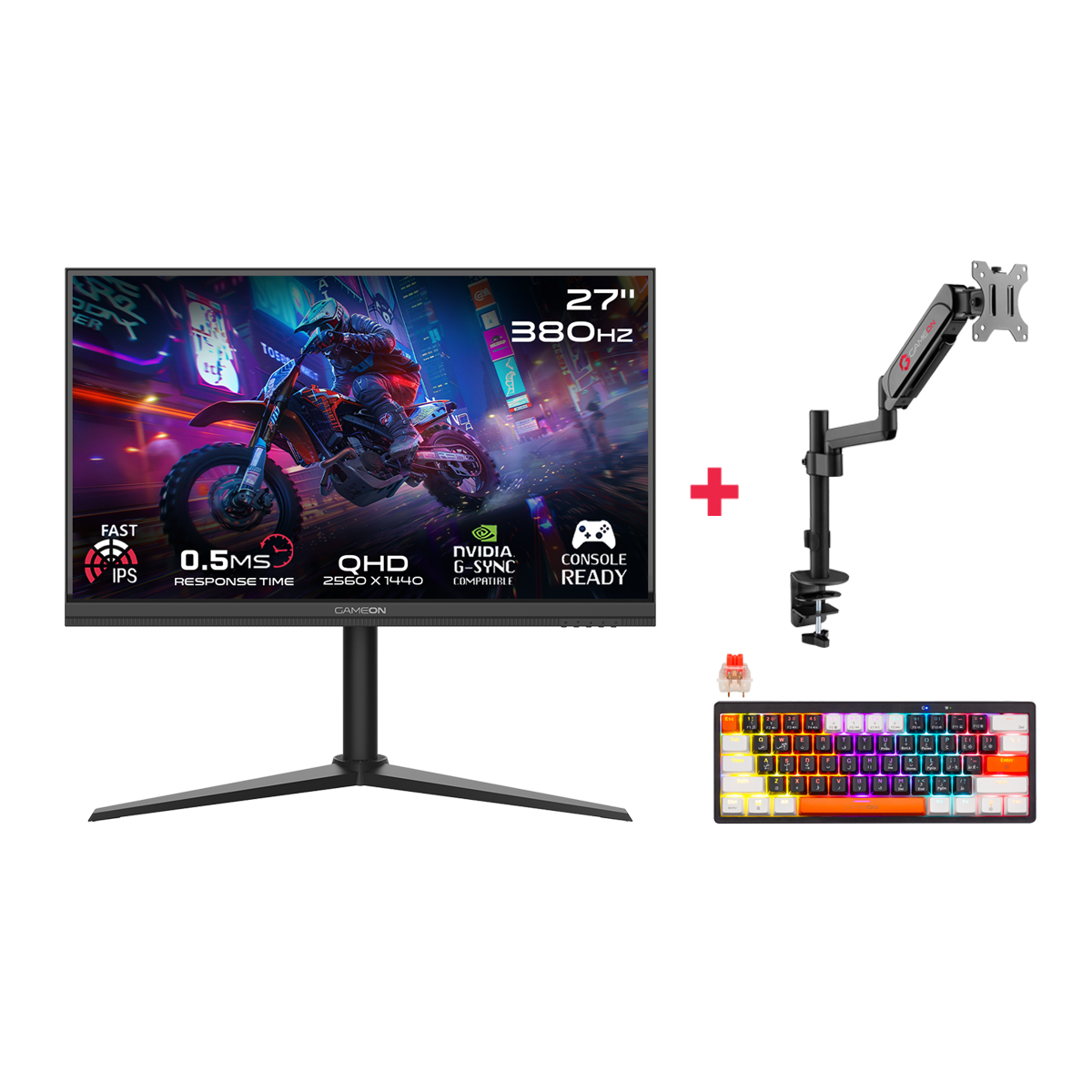 GAMEON 27" QHD 380Hz Monitor + Single Monitor Arm + Mechanical Keyboard