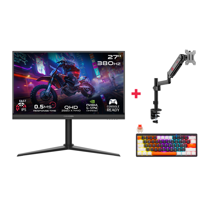 GAMEON 27" QHD 380Hz Monitor + Single Monitor Arm + Mechanical Keyboard