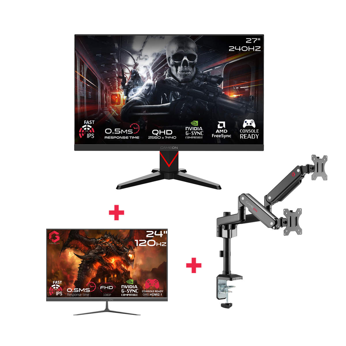 GAMEON 27" QHD 240Hz Monitor + 24" FHD 120Hz Monitor + Dual Monitor Arm
