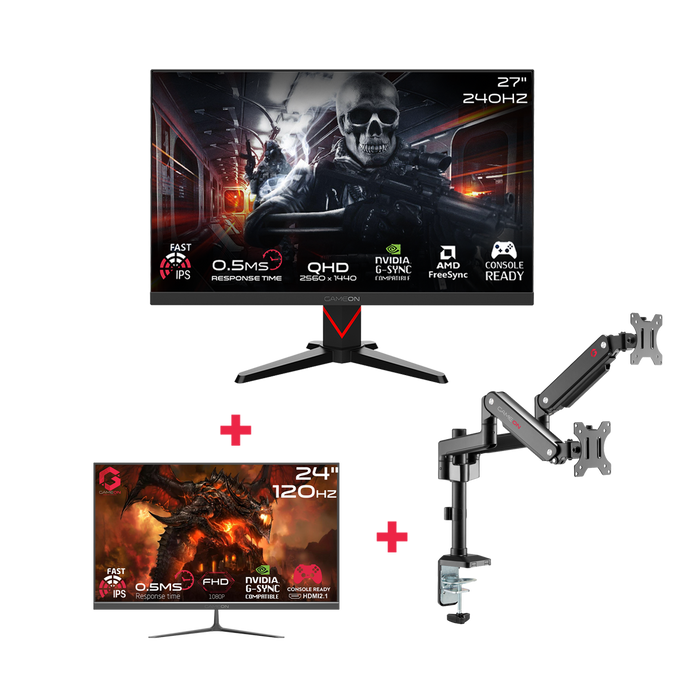 GAMEON 27" QHD 240Hz Monitor + 24" FHD 120Hz Monitor + Dual Monitor Arm