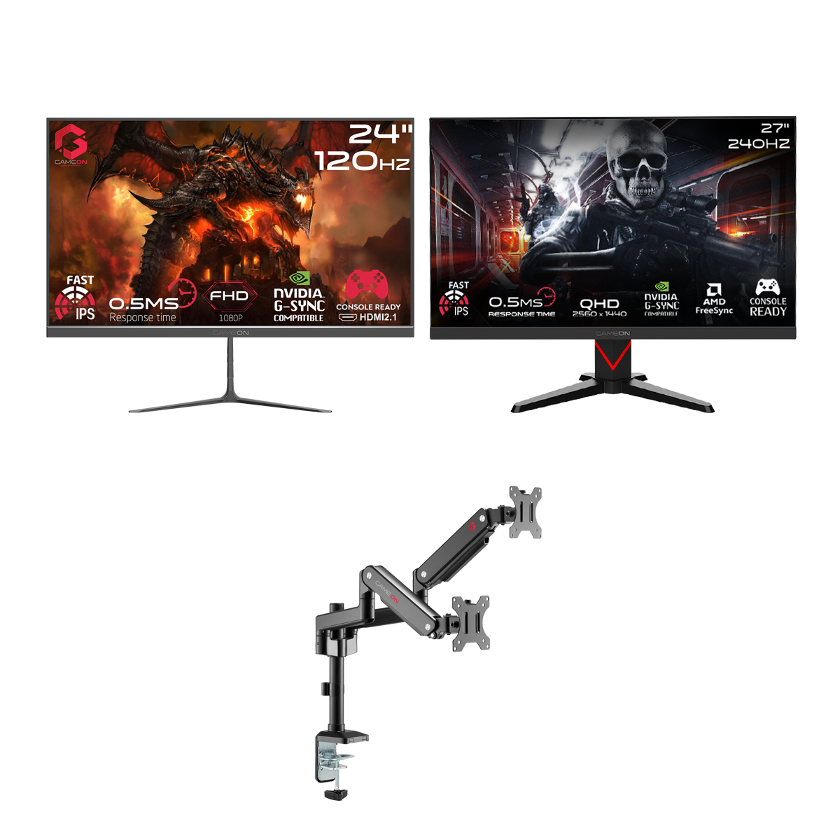 GAMEON 27" QHD 240Hz Monitor + 24" FHD 120Hz Monitor + Dual Monitor Arm