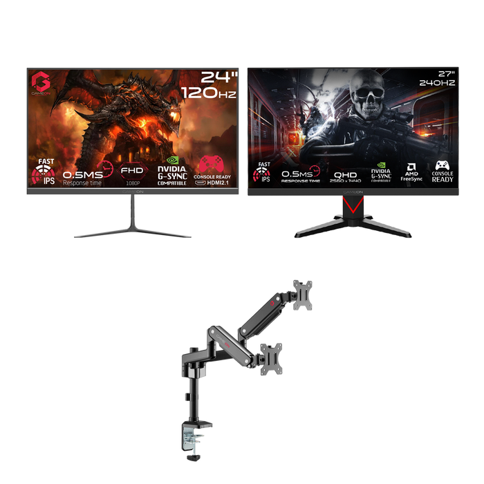 GAMEON 27" QHD 240Hz Monitor + 24" FHD 120Hz Monitor + Dual Monitor Arm