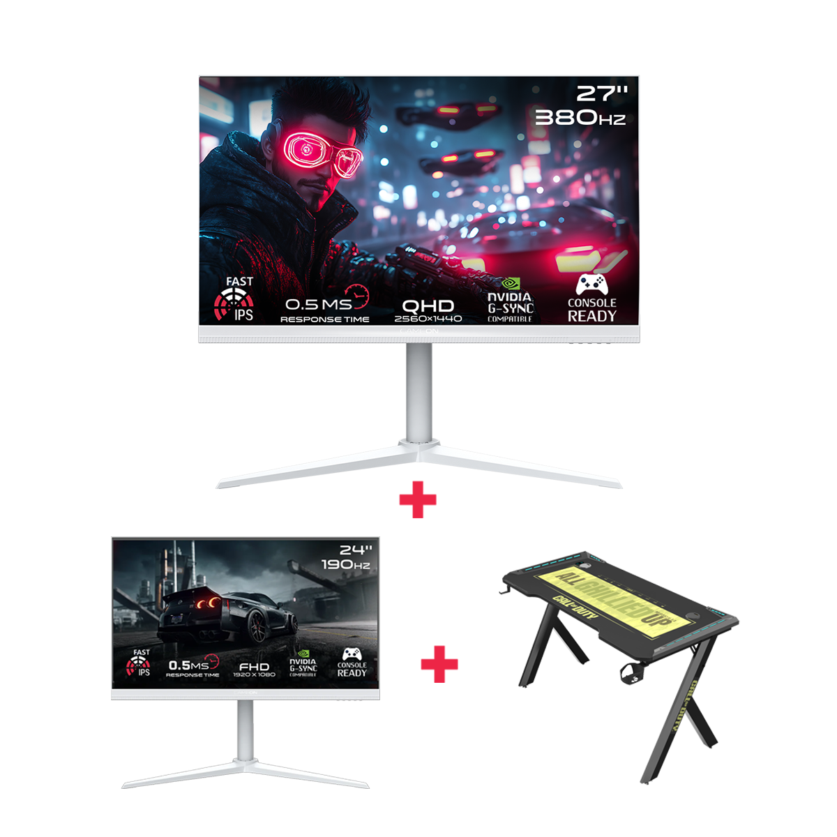 GAMEON 27" QHD 380Hz Monitor + 24" FHD 190Hz Monitor + Gaming Desk