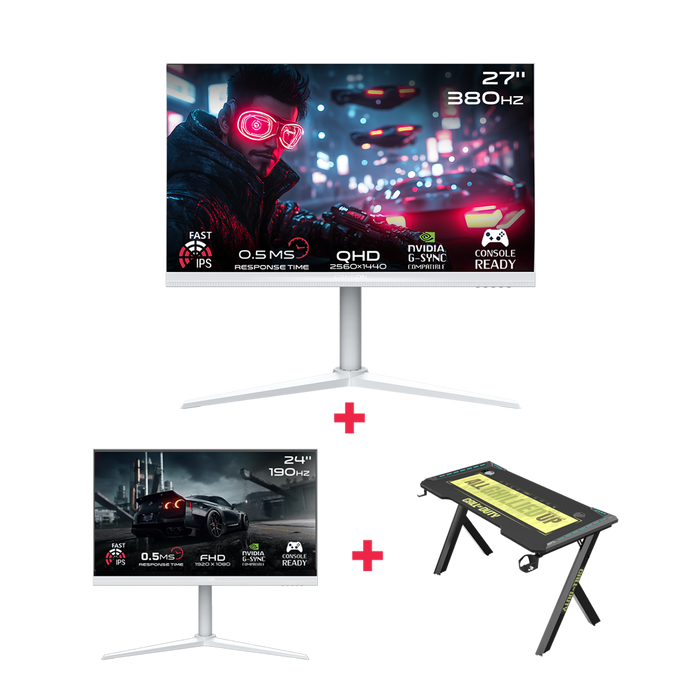 GAMEON 27" QHD 380Hz Monitor + 24" FHD 190Hz Monitor + Gaming Desk