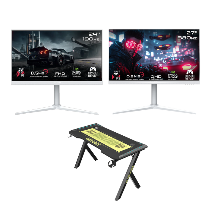 GAMEON 27" QHD 380Hz Monitor + 24" FHD 190Hz Monitor + Gaming Desk