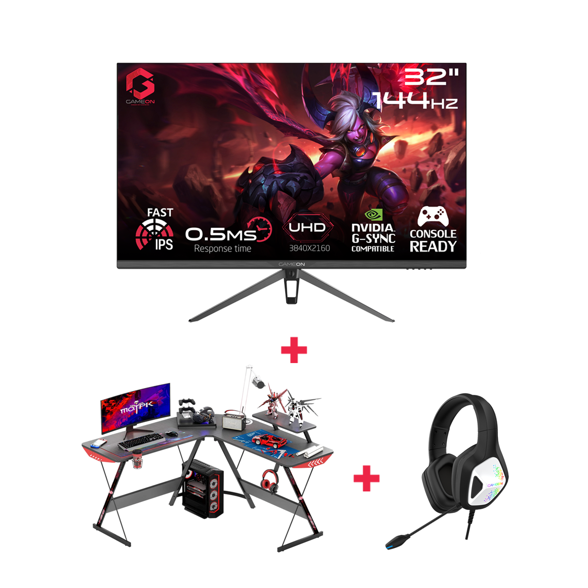 GAMEON 32" UHD 144Hz Monitor + Gaming Desk + Headset