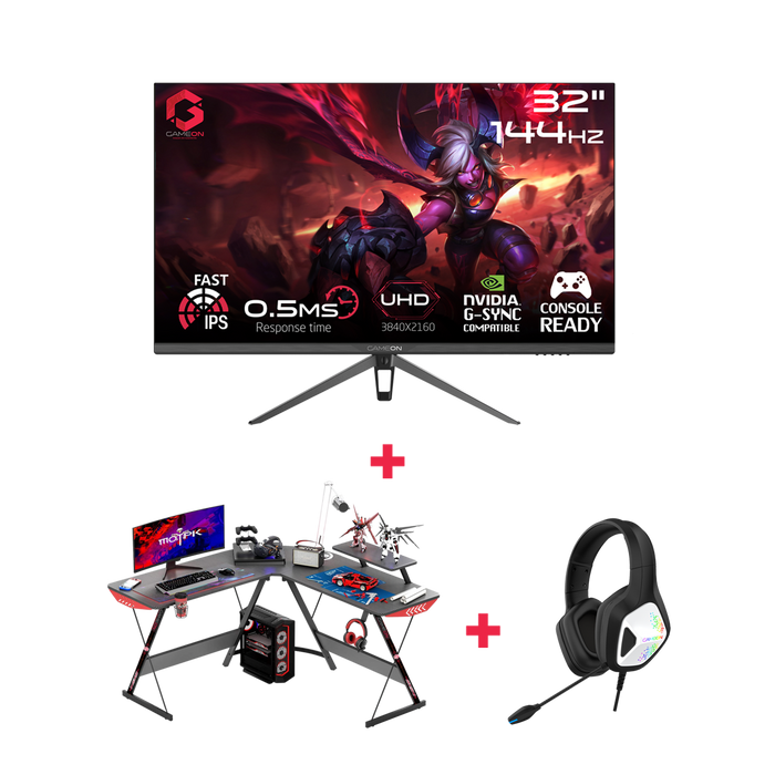 GAMEON 32" UHD 144Hz Monitor + Gaming Desk + Headset