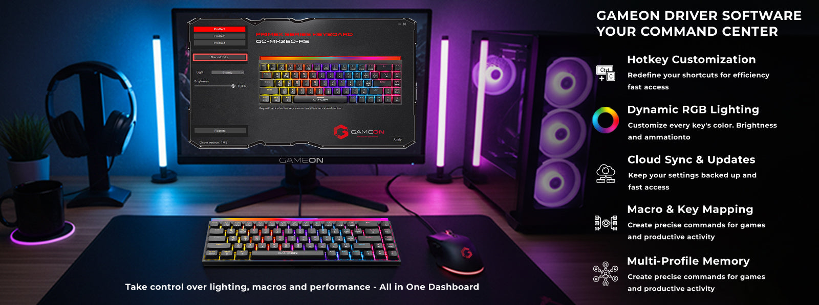 GAMEON PRIMEX GO-MK260-RS keyboard driver software interface on a gaming setup showcasing customizable RGB lighting, macro creation, key mapping, cloud sync, and multi-profile memory features.