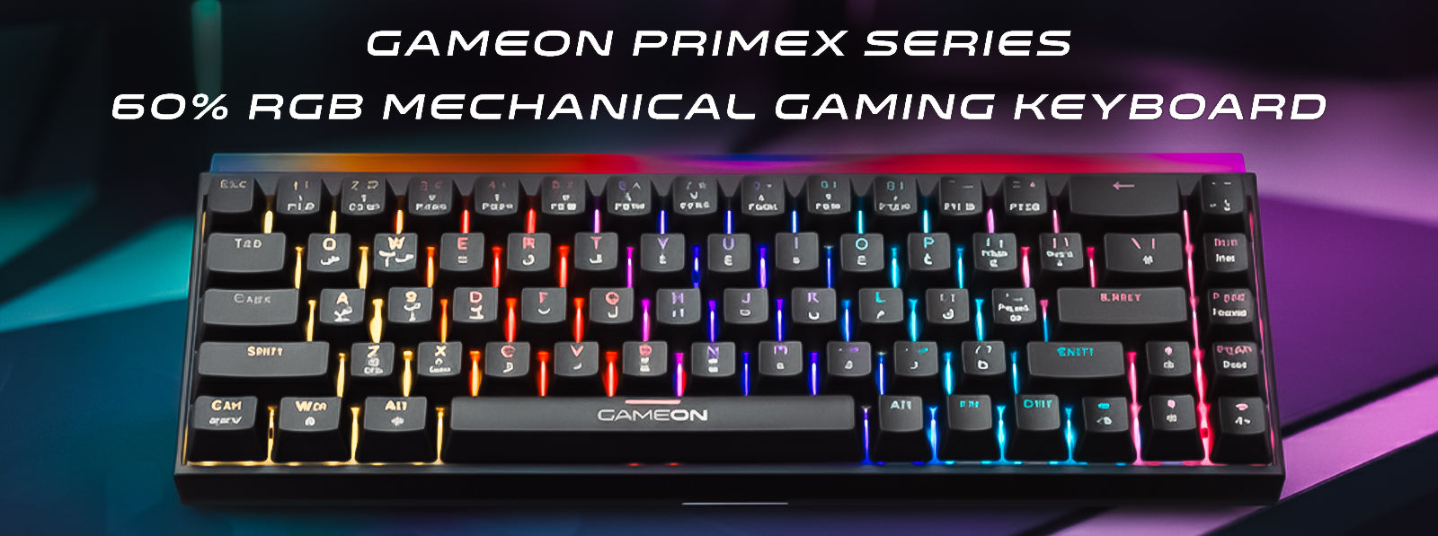 GAMEON PRIMEX Series 60% RGB mechanical gaming keyboard with red switches, compact layout, and customizable RGB lighting designed for speed, precision, and performance.