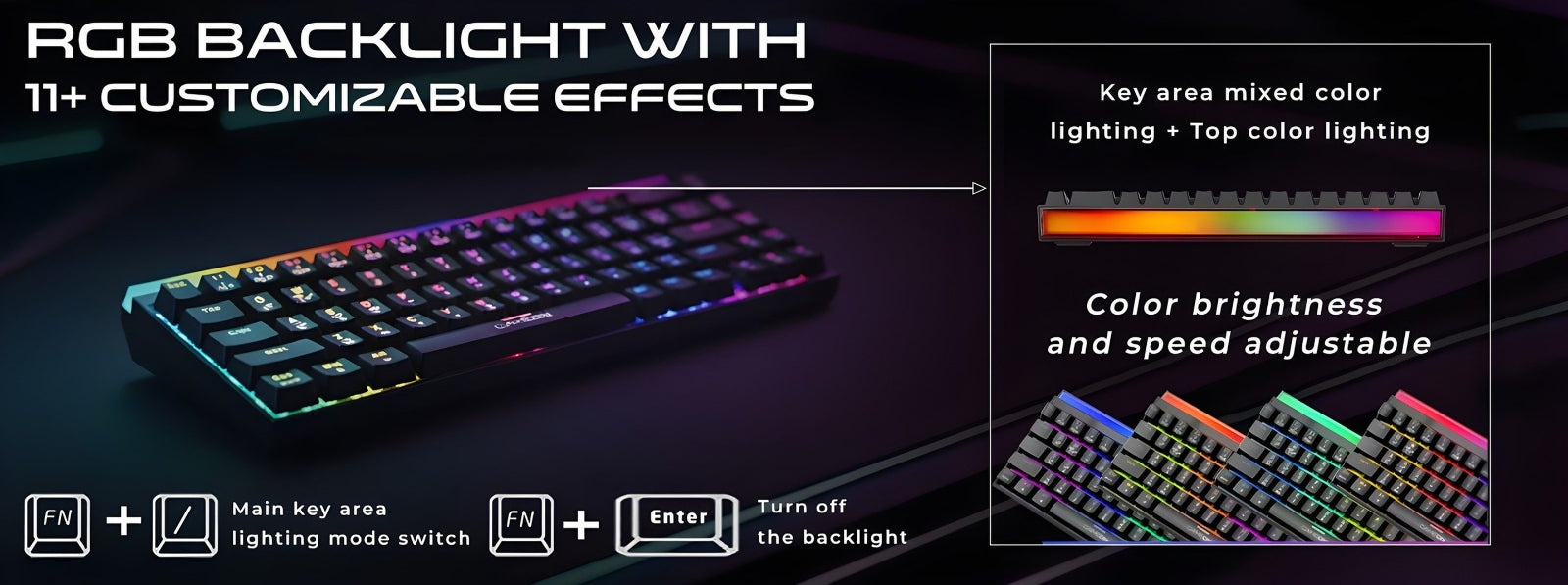 GAMEON PRIMEX GO-MK260-RS keyboard featuring RGB backlight with 11+ customizable lighting effects, adjustable brightness and speed, and per-key mixed color illumination.