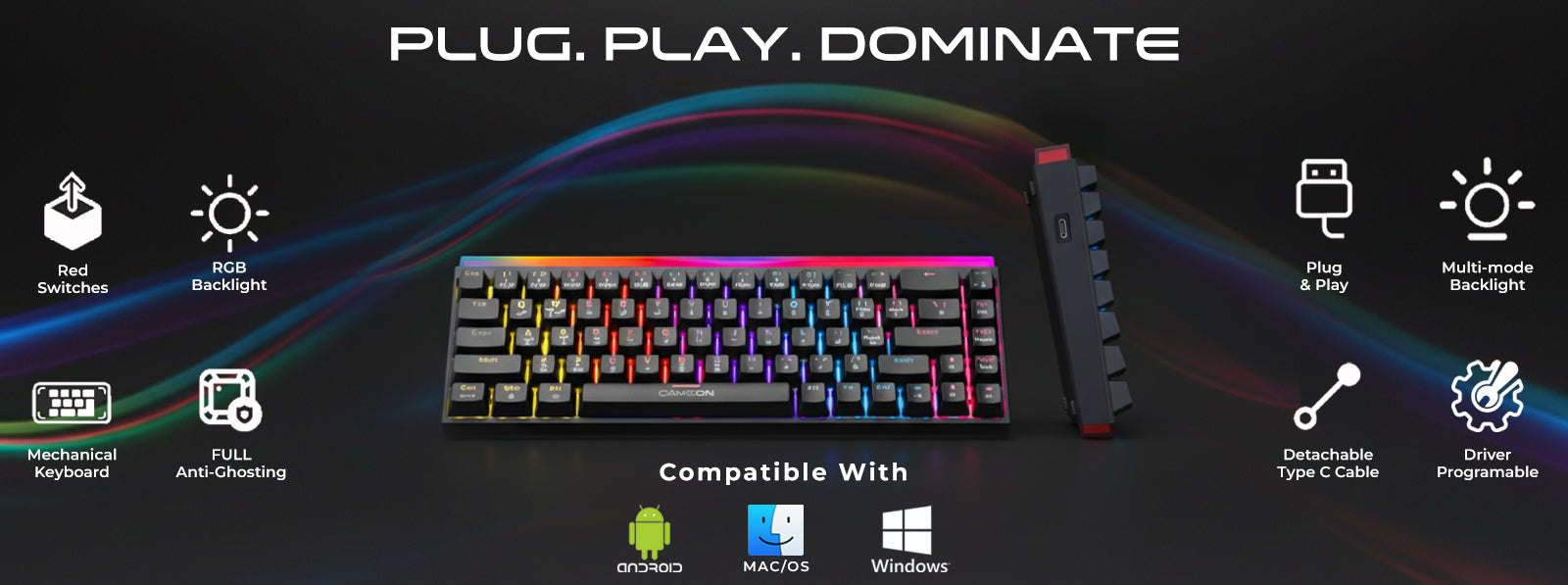 GAMEON PRIMEX GO-MK260-RS mechanical gaming keyboard with red switches, RGB backlight, detachable Type-C cable, full anti-ghosting, and multi-platform compatibility with Windows, Mac, and Android.