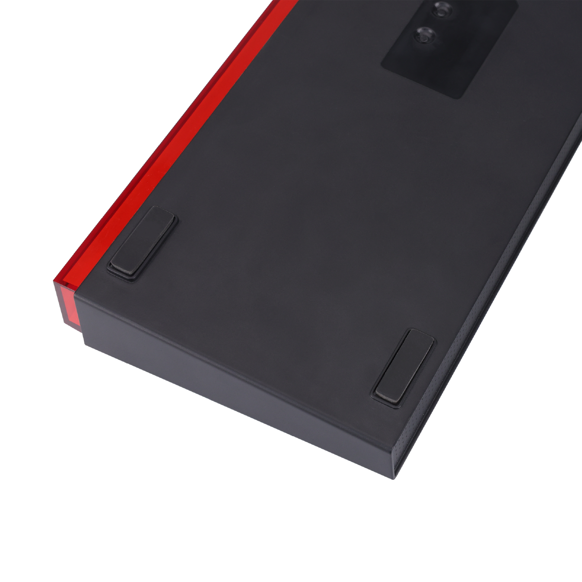 Bottom view of GAMEON PRIMEX GO-MK260-RS 60% RGB mechanical keyboard showing non-slip rubber feet and red accent frame.