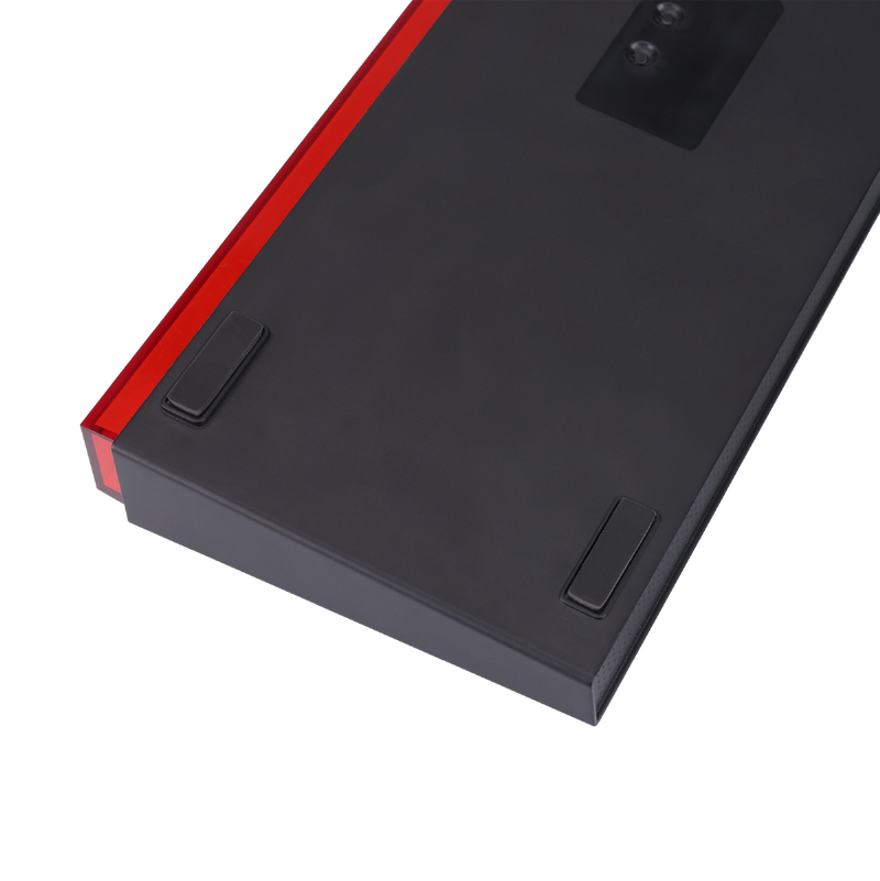 Bottom view of GAMEON PRIMEX GO-MK260-RS 60% RGB mechanical keyboard showing non-slip rubber feet and red accent frame.