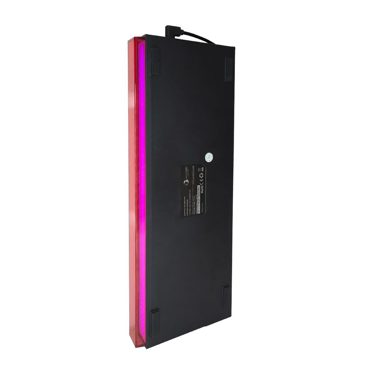 Bottom view of GAMEON PRIMEX GO-MK260-RS 60% RGB mechanical keyboard showing label, side RGB light bar, and anti-slip rubber pads.