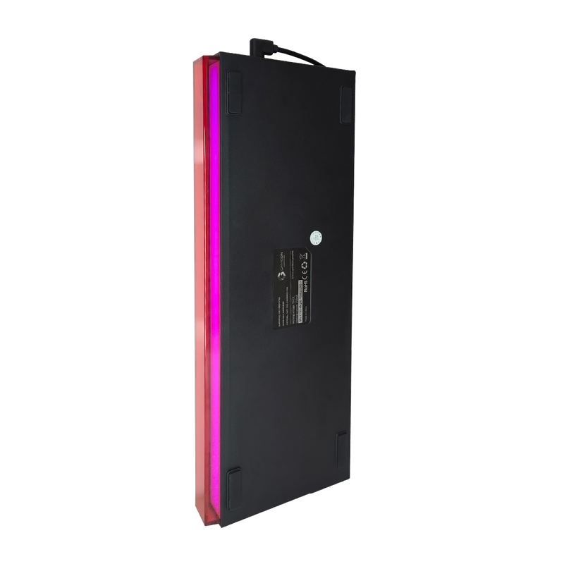 Bottom view of GAMEON PRIMEX GO-MK260-RS 60% RGB mechanical keyboard showing label, side RGB light bar, and anti-slip rubber pads.