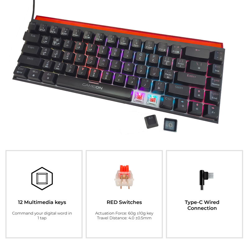 Side angle of GAMEON PRIMEX GO-MK260-RS Mechanical Keyboard – slim profile with red switches, RGB backlight, Type-C connection, and 12 multimedia keys.