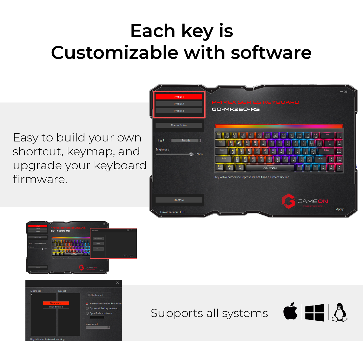 GAMEON PRIMEX GO-MK260-RS keyboard customization software - create shortcuts, keymaps, macros, and upgrade firmware. Supports Windows, macOS, and Linux systems.