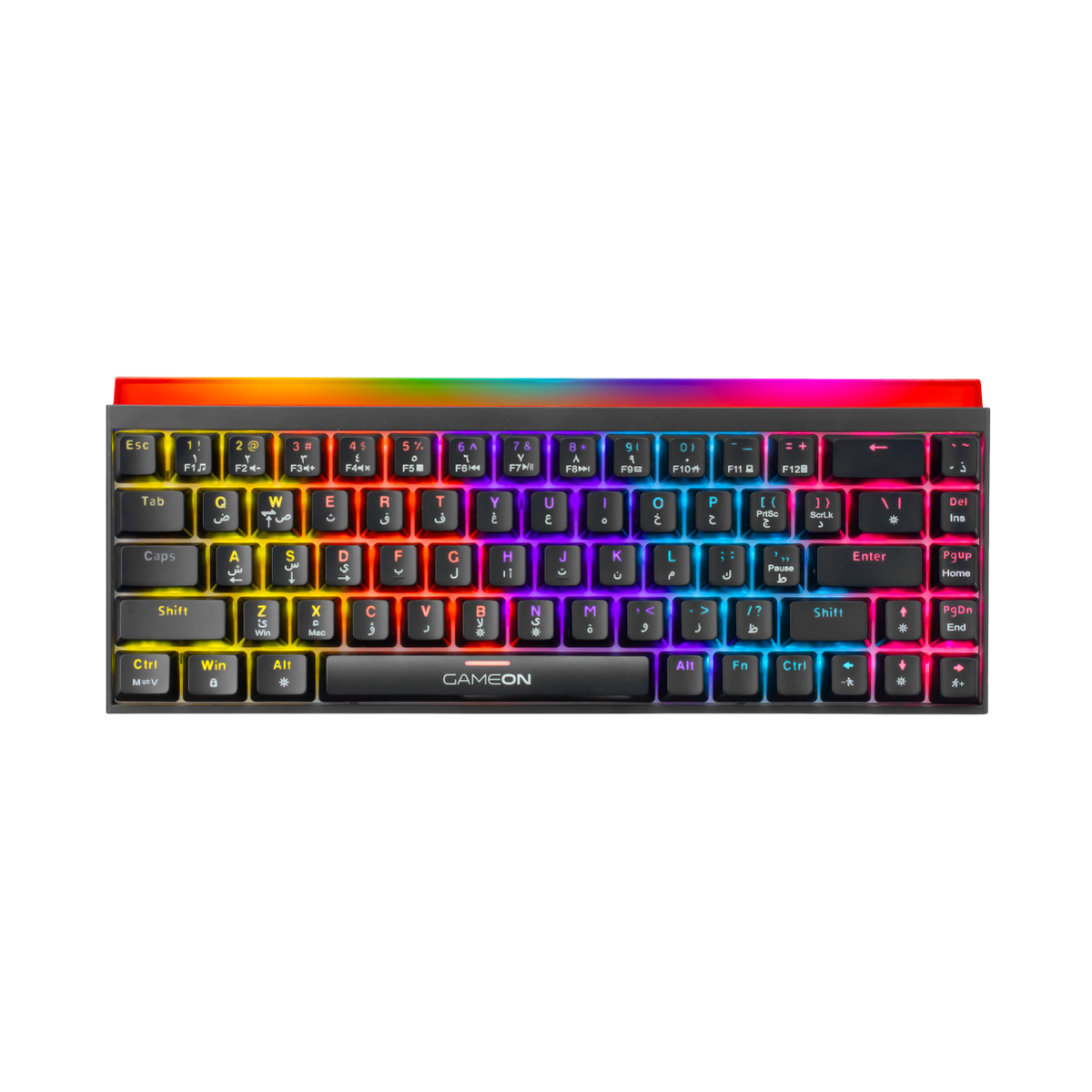 Close-up of GAMEON PRIMEX GO-MK260-RS keyboard keycaps and red switches illuminated by RGB lighting.