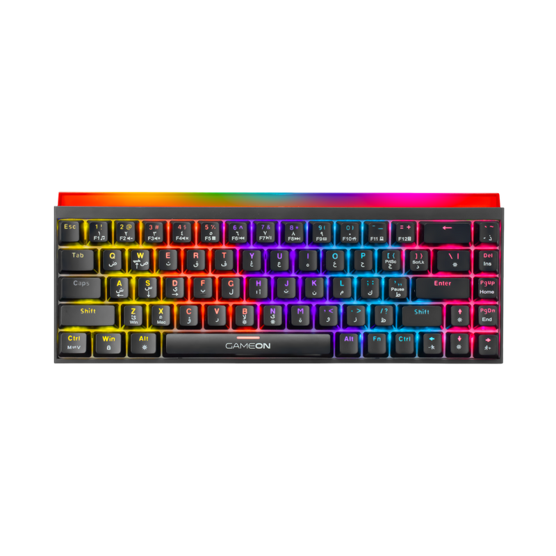 Close-up of GAMEON PRIMEX GO-MK260-RS keyboard keycaps and red switches illuminated by RGB lighting.