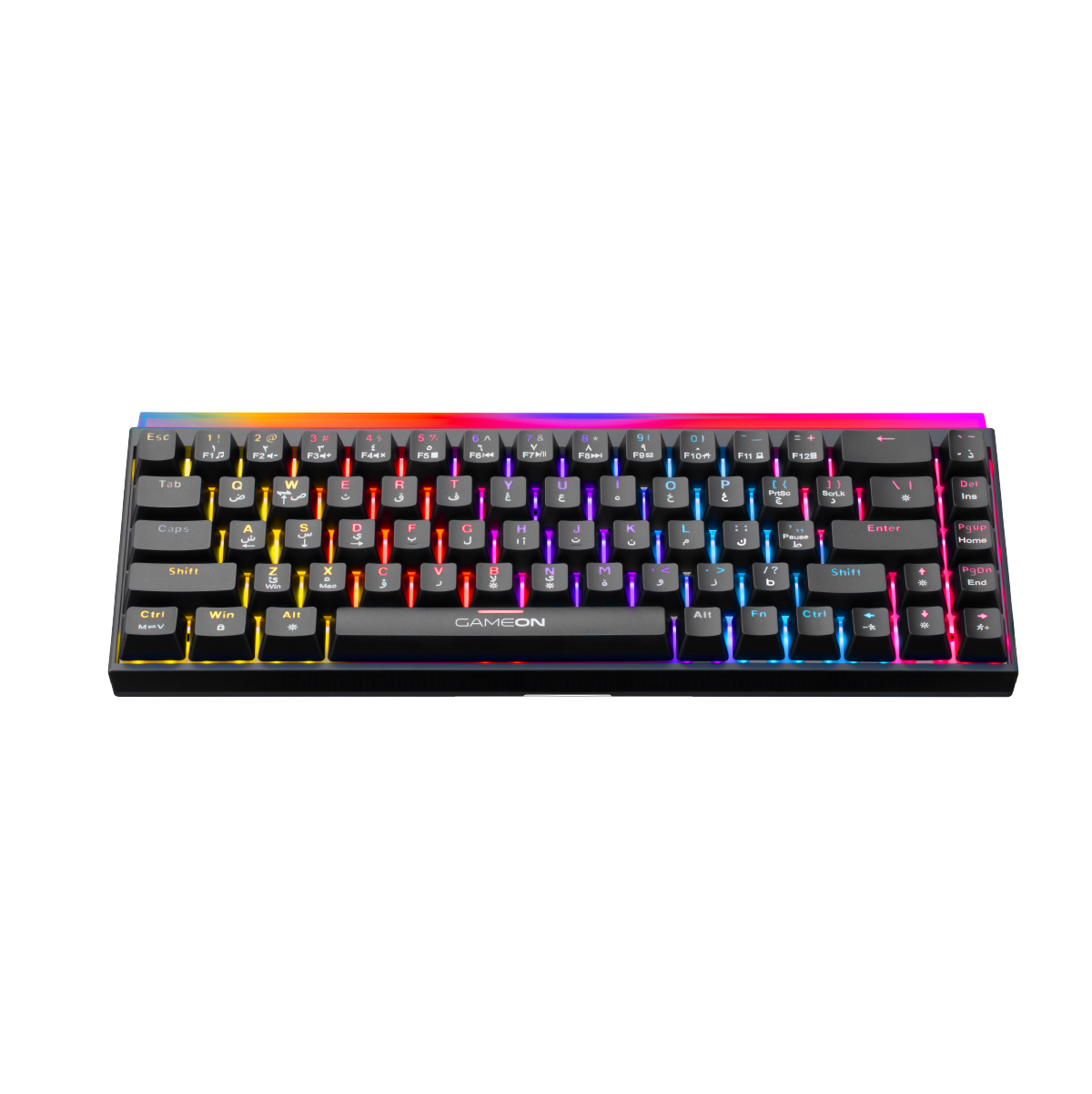 GAMEON PRIMEX GO-MK260-RS 60% RGB Mechanical Gaming Keyboard - top view showing compact layout, red switches, and multicolor backlighting.