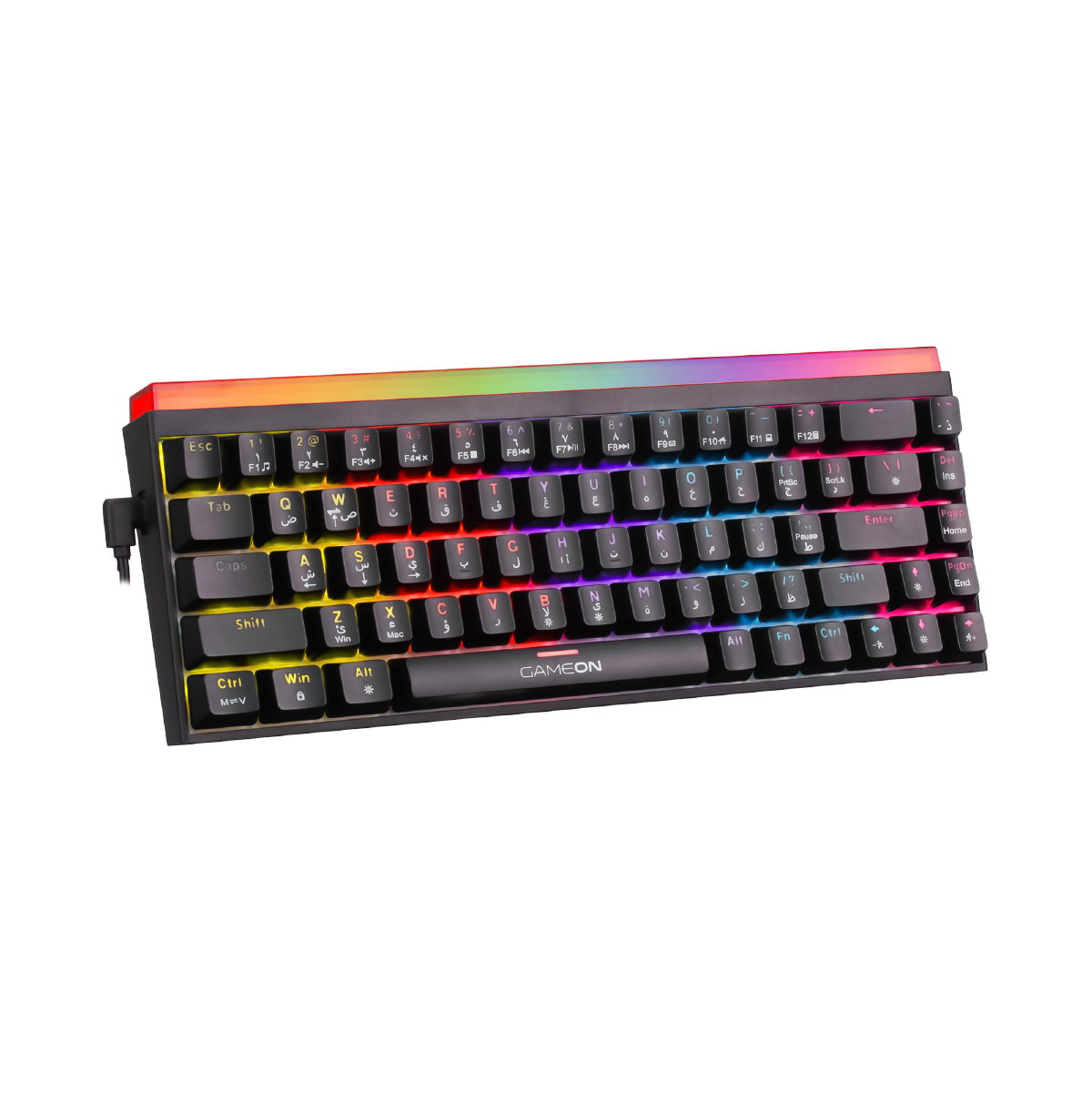 Angled view of GAMEON PRIMEX GO-MK260-RS 60% RGB Mechanical Gaming Keyboard - red switches, Type-C connection, and full RGB edge lighting.