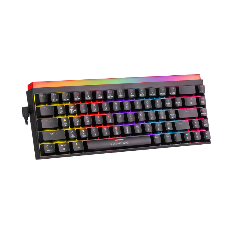 Angled view of GAMEON PRIMEX GO-MK260-RS 60% RGB Mechanical Gaming Keyboard - red switches, Type-C connection, and full RGB edge lighting.