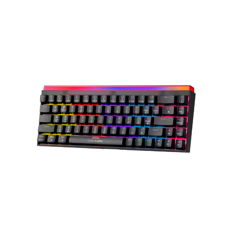 Angled front-right view of GAMEON PRIMEX GO-MK260-RS 60% RGB mechanical keyboard, compact layout with rainbow backlighting and raised top light bar.