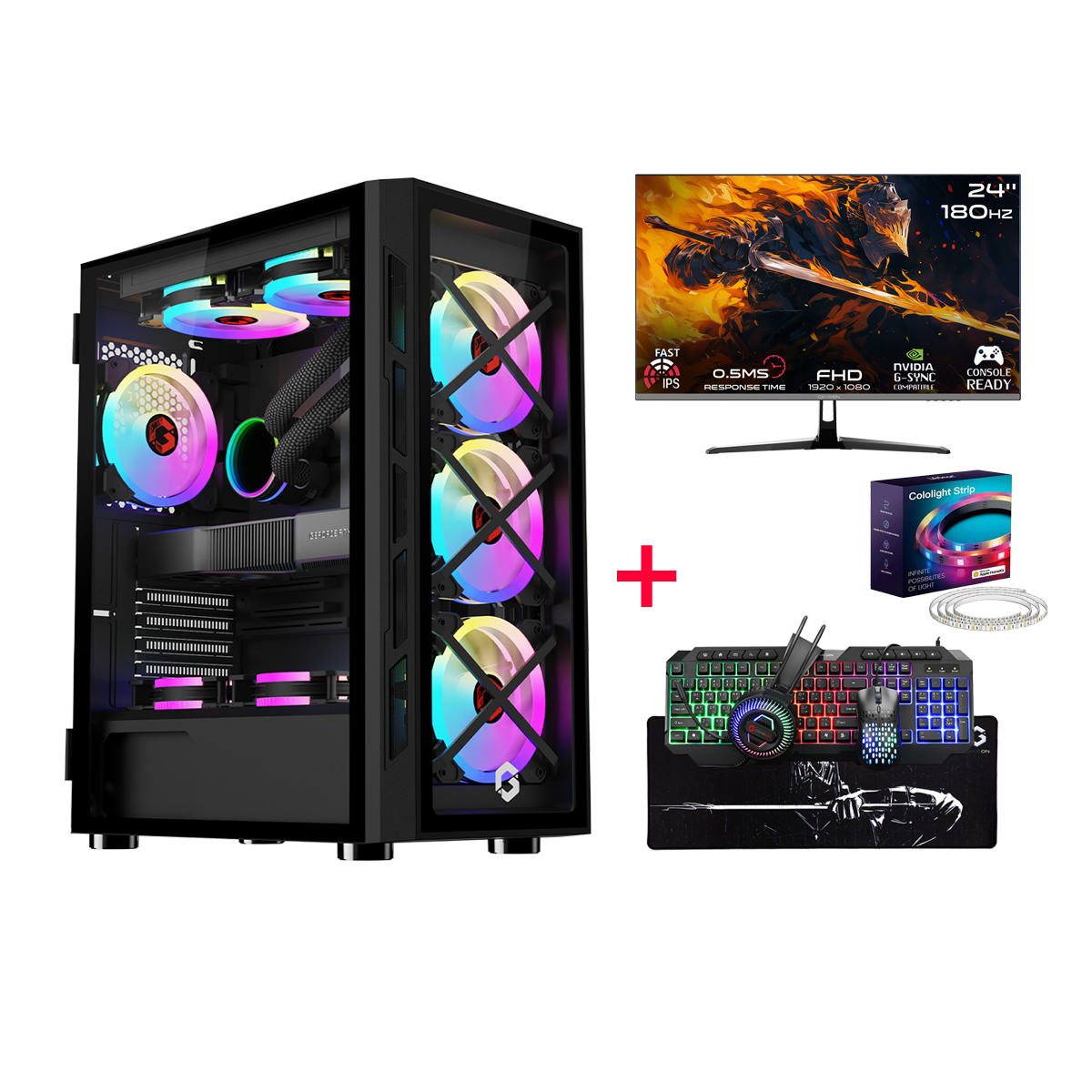 Gaming PC setup with RGB lighting, monitor, keyboard, and mouse on a white background