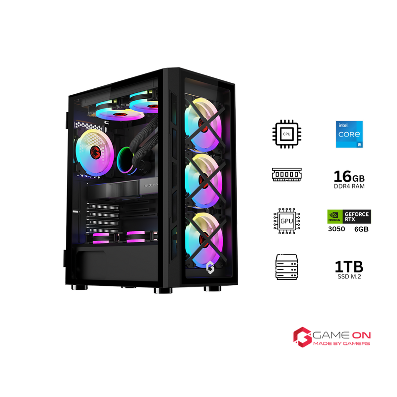 Customized Gaming PC Bundle - Intel i5 12400F Processor, 16GB RAM, 1TB SSD, RTX 3050 6GB, 650W PSU, Liquid Cooler, 24" FHD 180Hz IPS Monitor & All-in-One Gaming Bundle (Keyboard, Headset, Mouse, Mousepad) - Black