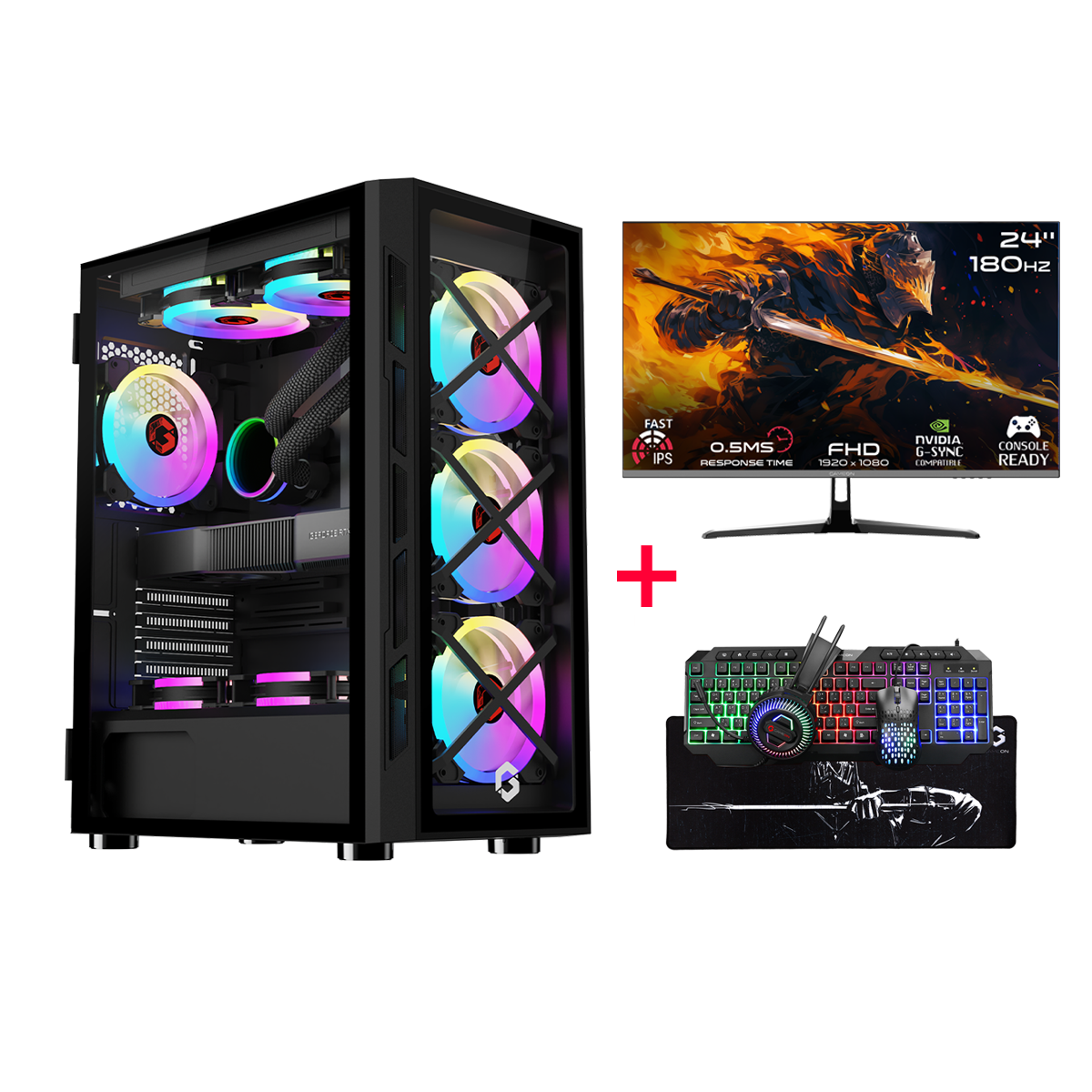 Customized Gaming PC Bundle - Intel i5 12400F Processor, 16GB RAM, 1TB SSD, RTX 3050 6GB, 650W PSU, Liquid Cooler, 24" FHD 180Hz IPS Monitor & All-in-One Gaming Bundle (Keyboard, Headset, Mouse, Mousepad) - Black