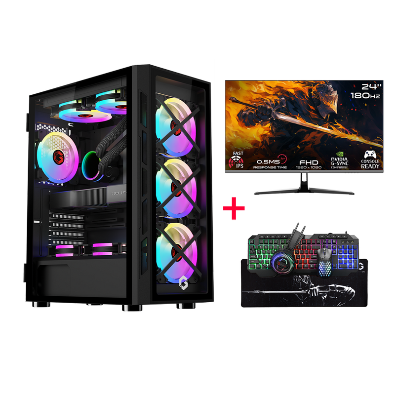 Customized Gaming PC Bundle - Intel i5 12400F Processor, 16GB RAM, 1TB SSD, RTX 3050 6GB, 650W PSU, Liquid Cooler, 24" FHD 180Hz IPS Monitor & All-in-One Gaming Bundle (Keyboard, Headset, Mouse, Mousepad) - Black