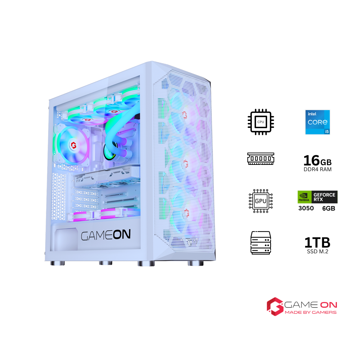 Customized Gaming PC Bundle - Intel i5 12400F Processor, 16GB RAM, 1TB SSD, RTX 3050 6GB, 650W PSU, 24" FHD 180Hz Monitor & All-In-One Gaming Bundle (Keyboard, Headset, Mouse & Mousepad) - White