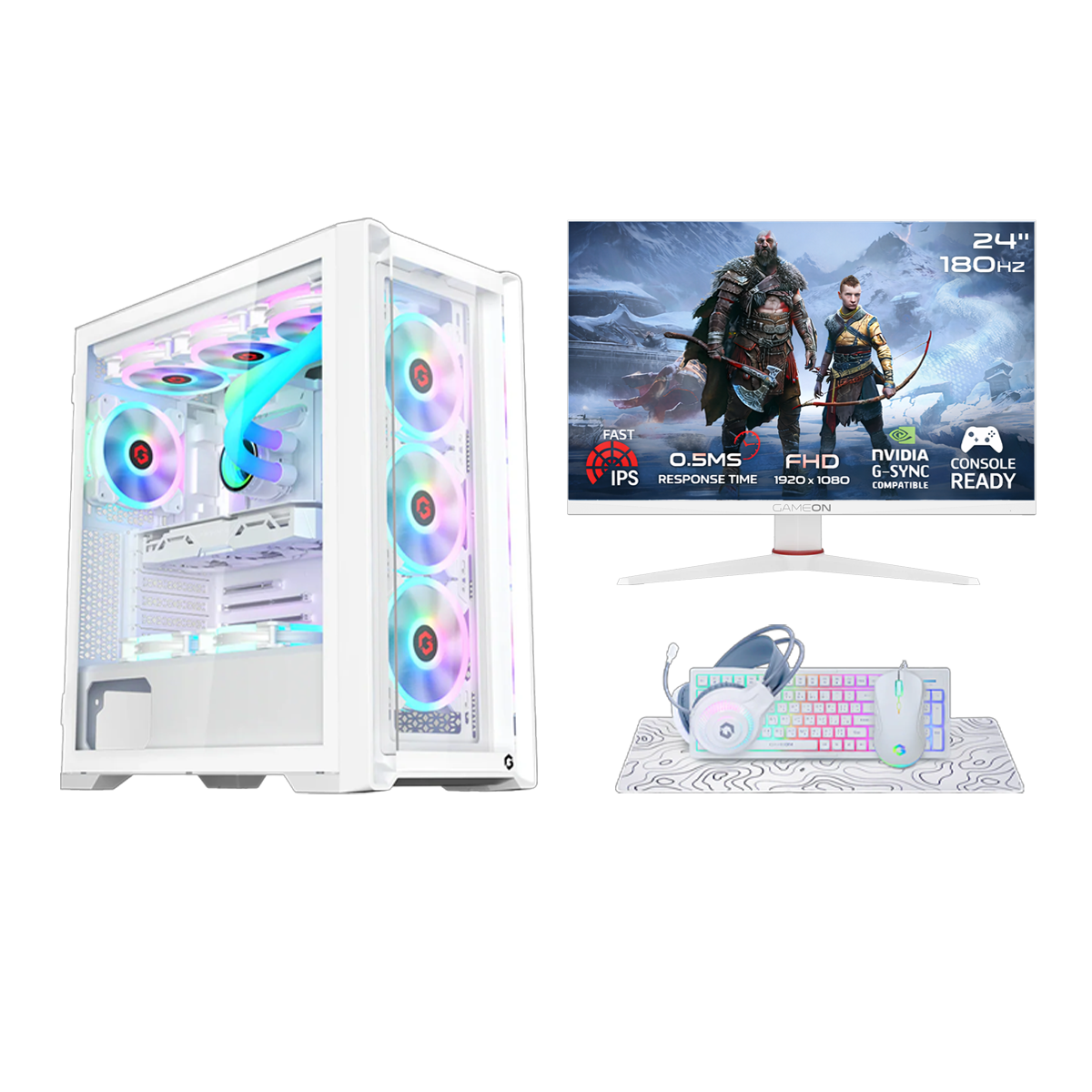 i5 12400F, 16GB RAM, 1TB SSD, RTX 3050 6GB, 650W PSU, Liquid Cooler, 24" FHD 180Hz IPS Monitor & All-in-One Gaming Bundle (Keyboard, Headset, Mouse, Mousepad) - White | Gaming PC Bundle