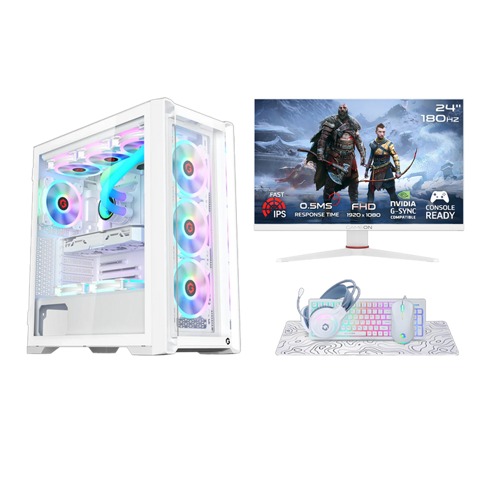 i5 12400F, 16GB RAM, 1TB SSD, RTX 3050 6GB, 650W PSU, Liquid Cooler, 24" FHD 180Hz IPS Monitor & All-in-One Gaming Bundle (Keyboard, Headset, Mouse, Mousepad) - White | Gaming PC Bundle