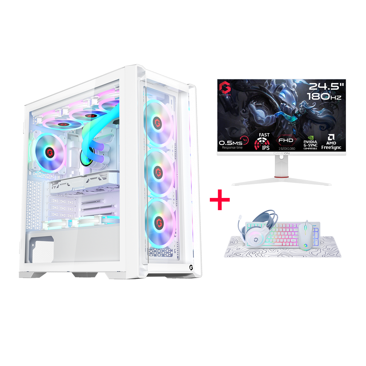 Customized Gaming PC Bundle - Intel i5 12400F Processor, 16GB RAM, 1TB SSD, RTX 3050 6GB, 650W PSU, Liquid Cooler, 24" FHD 180Hz IPS Monitor & All-in-One Gaming Bundle (Keyboard, Headset, Mouse, Mousepad) - White