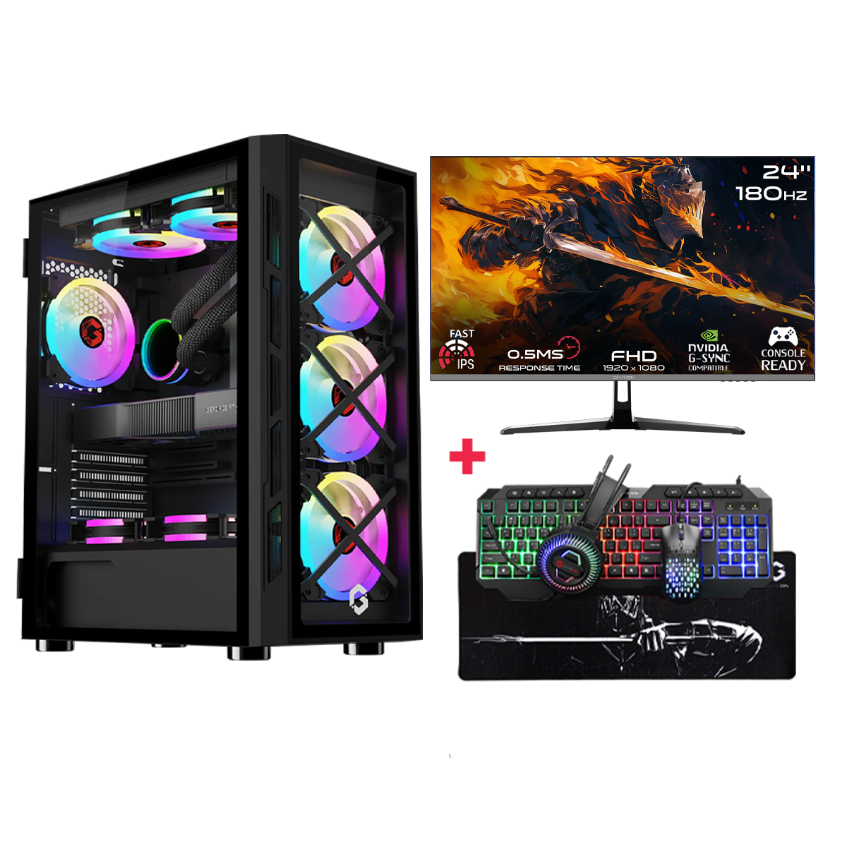 Customized Gaming PC Bundle - Intel i5 12400F Processor, 16GB RAM, 1TB SSD, RTX 3050 6GB, 650W PSU, Liquid Cooler, 24" FHD 180Hz IPS Monitor & All-in-One Gaming Bundle (Keyboard, Headset, Mouse, Mousepad) - Black