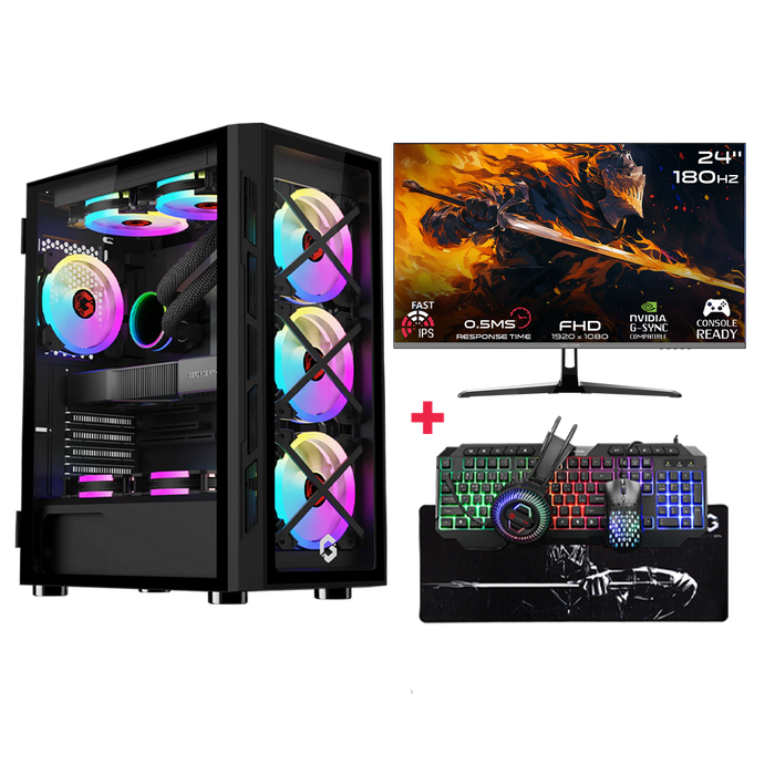 Customized Gaming PC Bundle - Intel i5 12400F Processor, 16GB RAM, 1TB SSD, RTX 3050 6GB, 650W PSU, Liquid Cooler, 24" FHD 180Hz IPS Monitor & All-in-One Gaming Bundle (Keyboard, Headset, Mouse, Mousepad) - Black